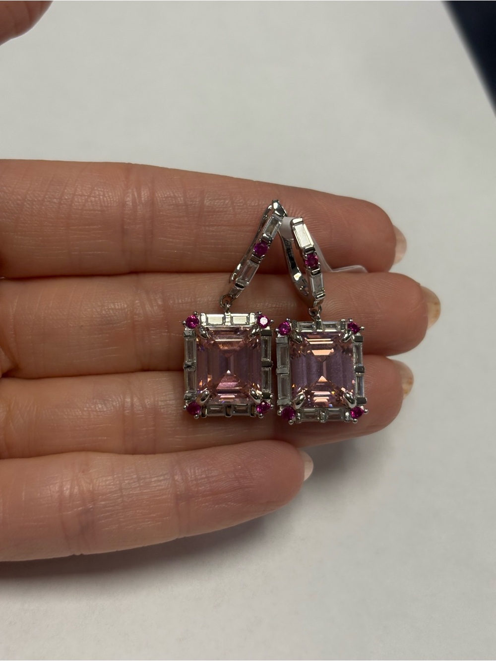 Suzy Levian Sample Pink Square CZ Multicolor Drop Earrings NWT